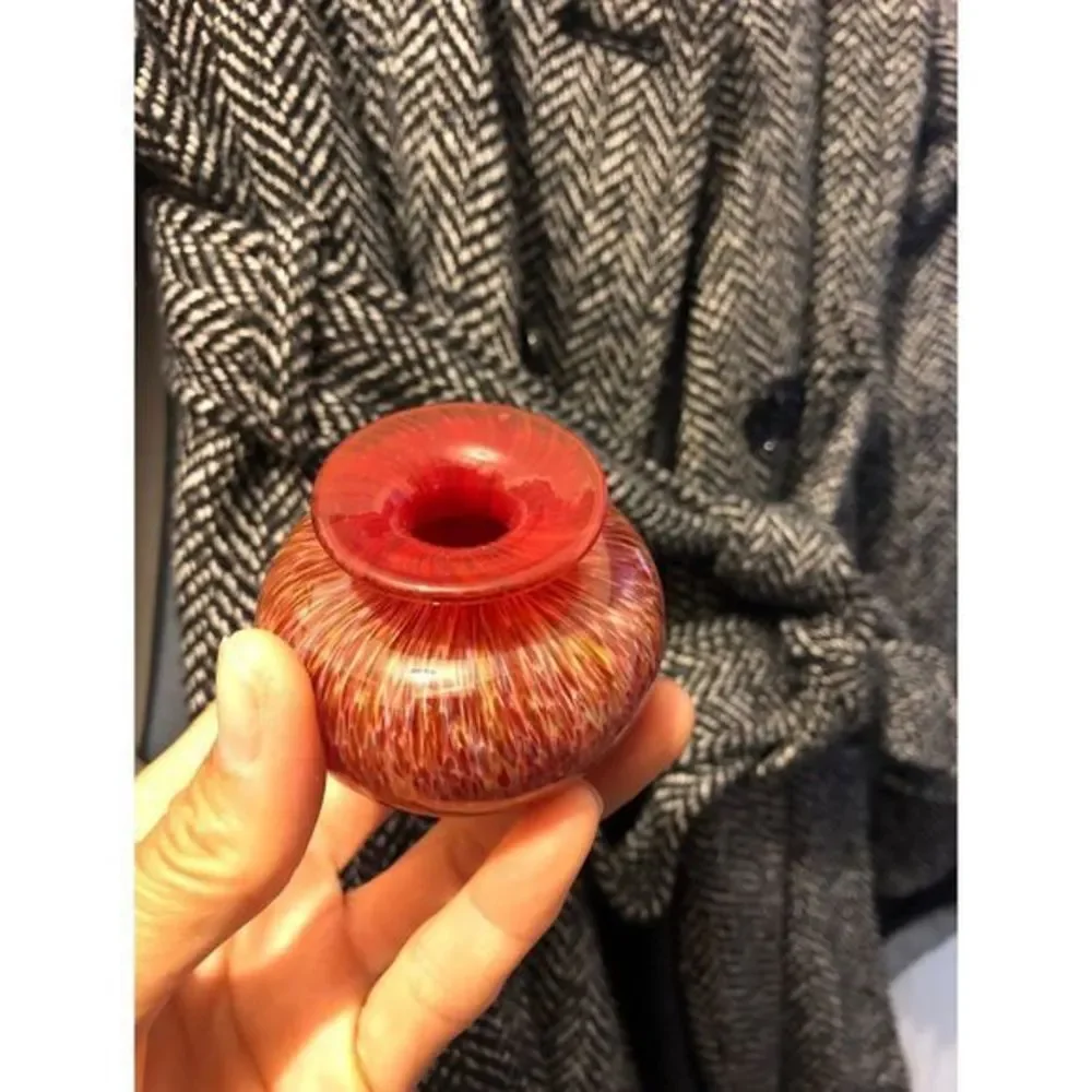 Vintage Art Glass Tiny Bud Vase Orange Red Swirl Hand Blown Glass 2